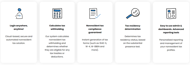 Login anywhere anytime! - Cloud-based, secure and automated nonresident tax solution.  Calculates tax withholding - The Sprintax system calculates nonresident tax witholding and determines whether you are eligible for any tax treaties or deductions. Nonresident tax compliance guaranteed - Instant generation of tax forms (such as 1042-S, W-4, W-8BEN and more). Tax residency determination - Determines tax residency status, based on the substantial presence test. Easy to use admin & dashboards. Advanced reporting tools - Personalized reporting and management of your nonresident tax profiles.