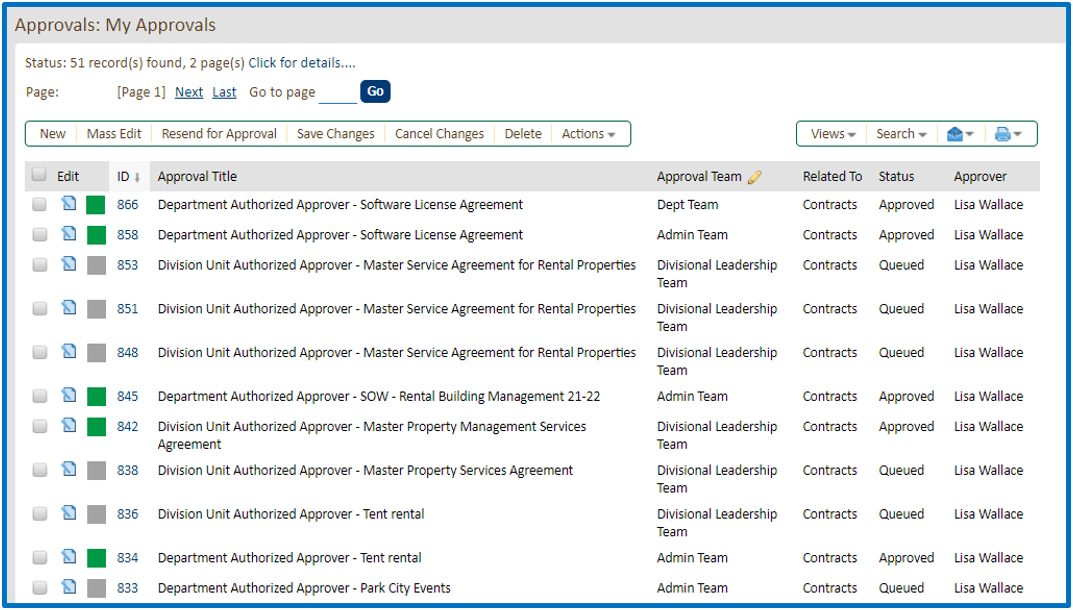 CMS My Approvals Table