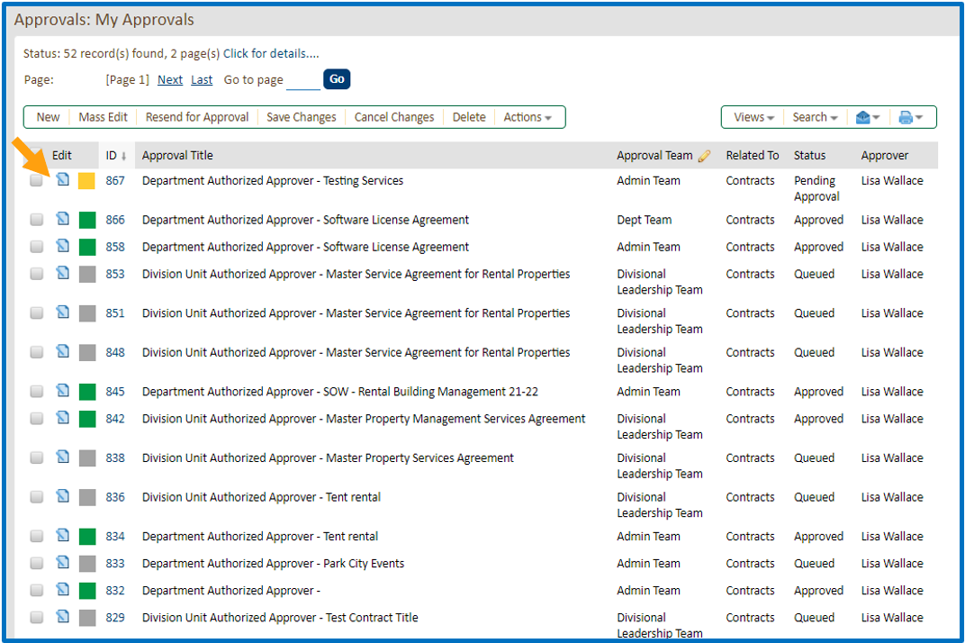 Select the Edit Icon next to the Approval Record you want to review