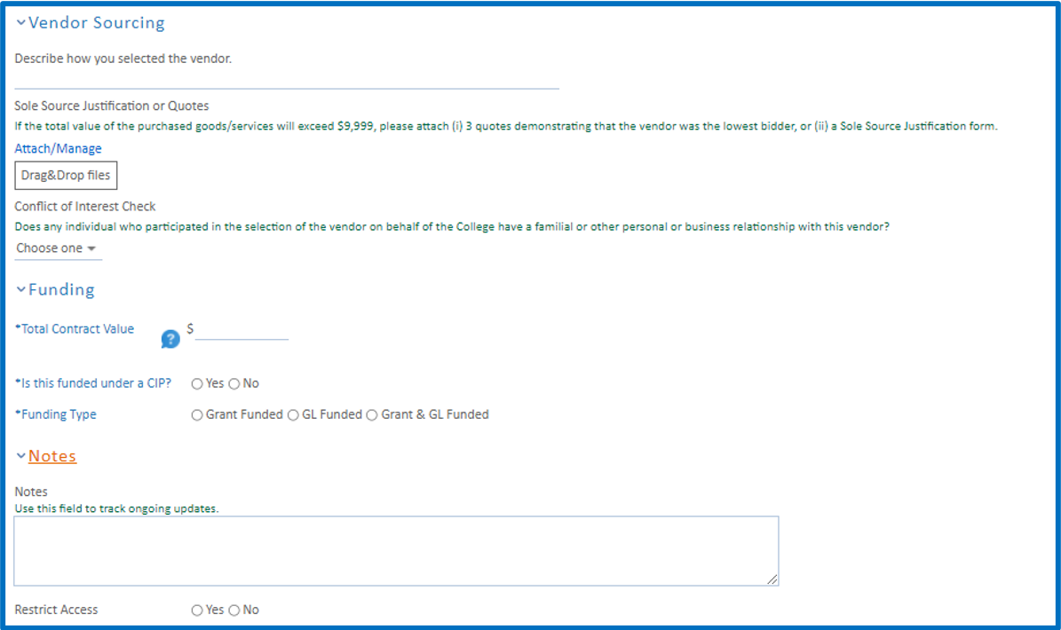 Vendor Sourcing & Funding Sections