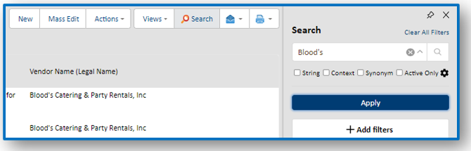 Search function within a table and search field with additional filter capabilities