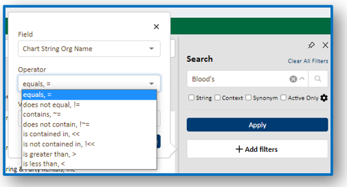 To select the operation of the filter, use the dropdown to display a list of operators