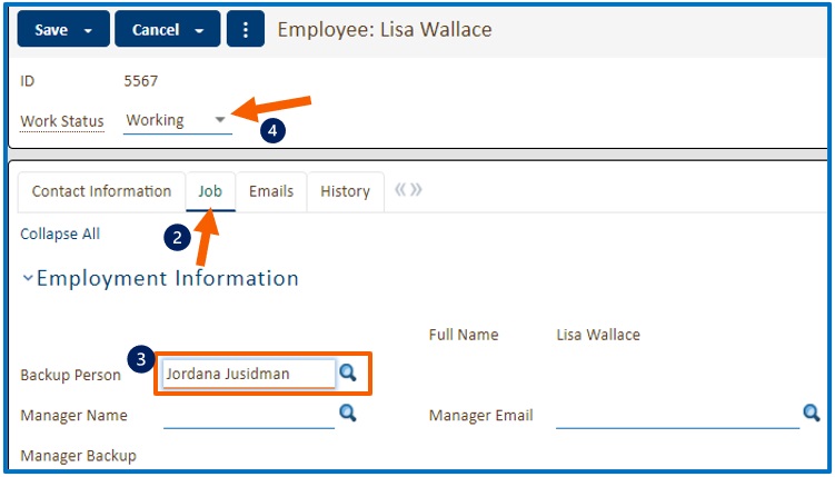 On the Job tab enter backup person, and select Work Status