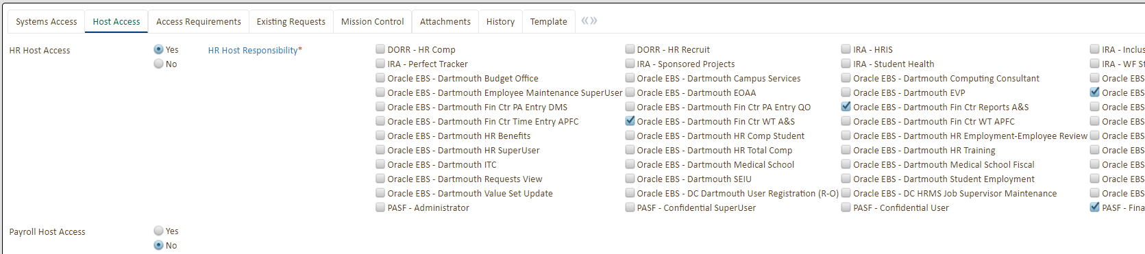 Host Access Selection options