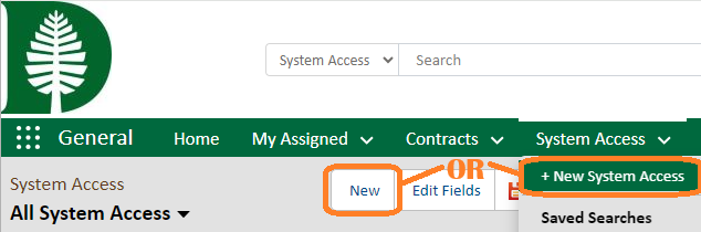 Agiloft Interface with System Access table displayed and selecting New to create a new system access request