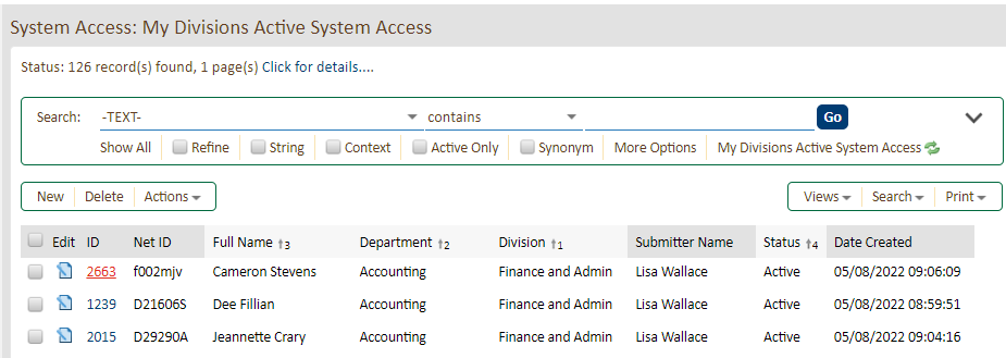 Select the record number next to the employees name to view the system access request