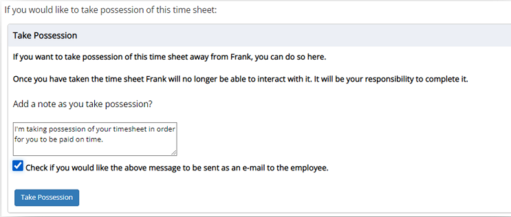 Take Possession section of a student timesheet