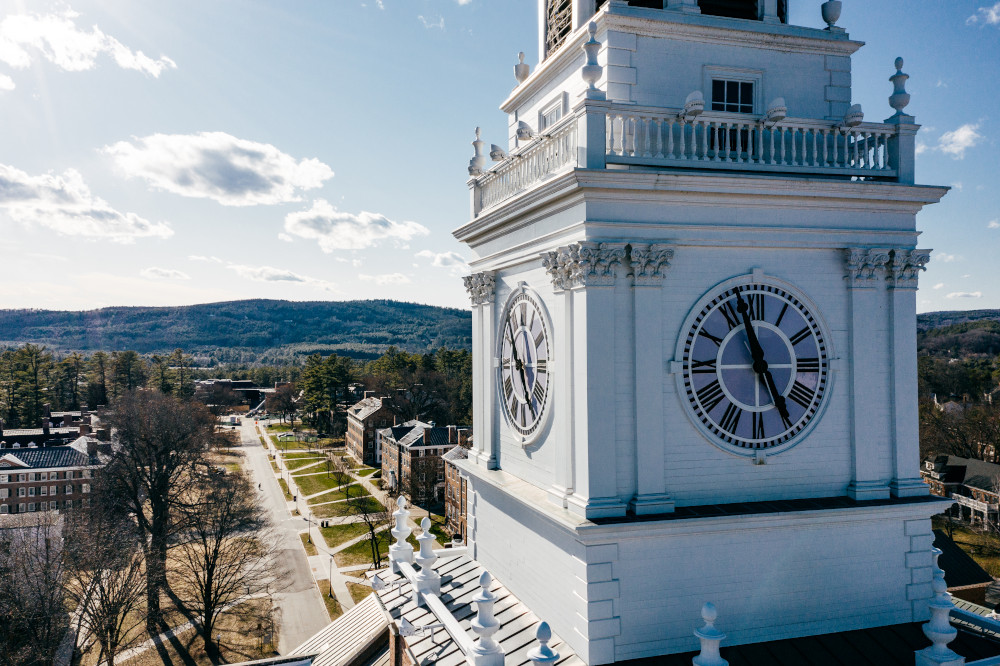 An aerial view of Baker Tower on the Dartmouth campus.